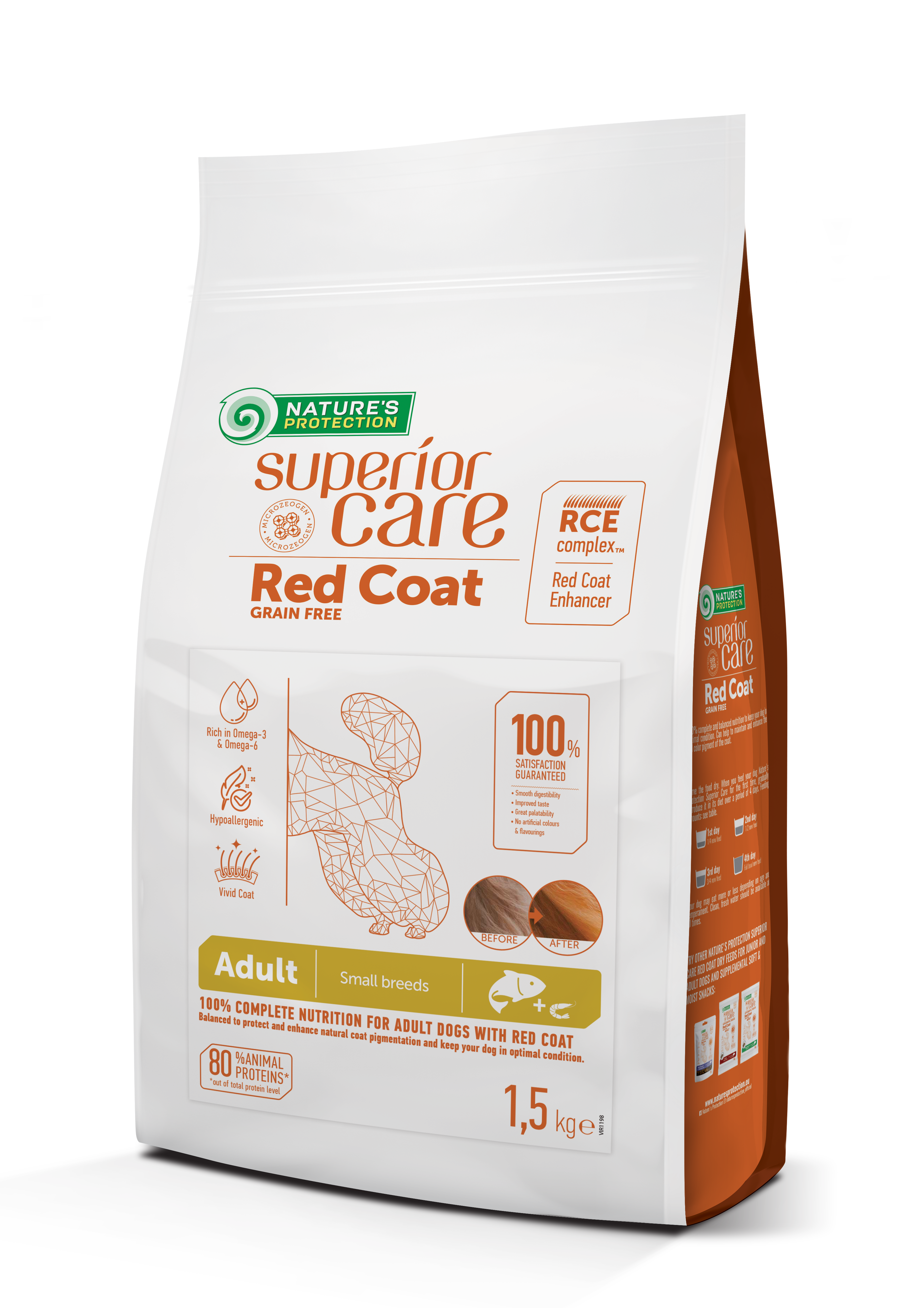 Nature's Protection Superior Care Red Coat  Grain Free with Salmon for Adult Small Breed dogs.